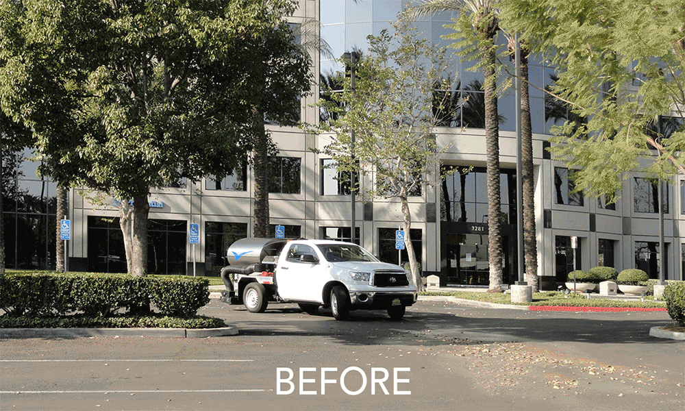 Before and After Commercial Sweeper truck cleaning parking lot in Ontario, CA. leaves and debris removed.